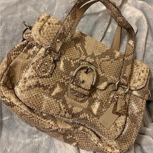 Coach Tan Snake-Print Leather Satchel with Buckle Detail